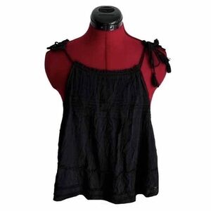 FREE PEOPLE Black Tie-Shoulder Cotton Tank Top Bodysuit Embroidered Boho Flowy